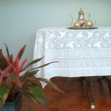 Ivy Lace ~ Elegant White Wedding India Block Print Table Cloth 70x120