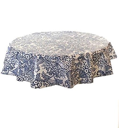 Round Freckled Sage Oilcloth Tablecloth in Toile Blue - You Pick the Size!