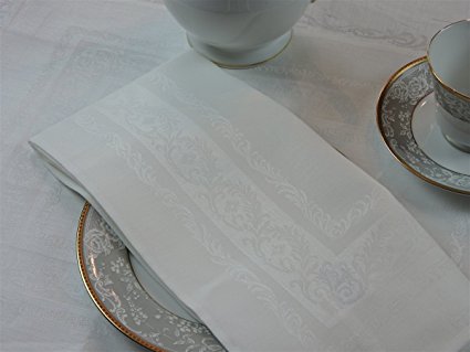Thomas Ferguson Fine Scroll White Linen Double Damask Rectangular Tablecloth 72in x108in (183cm x 274cm)