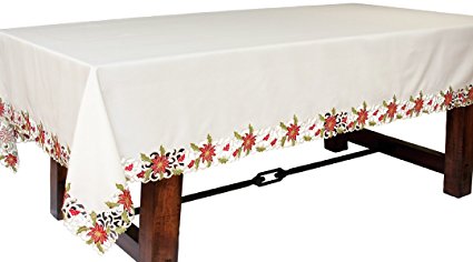 Xia Home Fashions Poinsettia Lace Embroidered Cutwork Christmas Tablecloth, 70 by 144-Inch