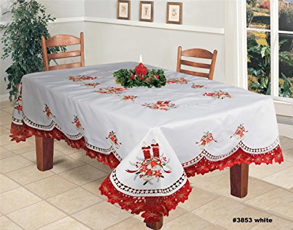 Creative Linens Holiday Christmas Embroidered Poinsettia Candle Bell Tablecloth 70x140