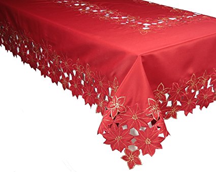 Xia Home Fashions Festive Poinsettia Embroidered Cutwork Christmas Tablecloth, 70 by 120