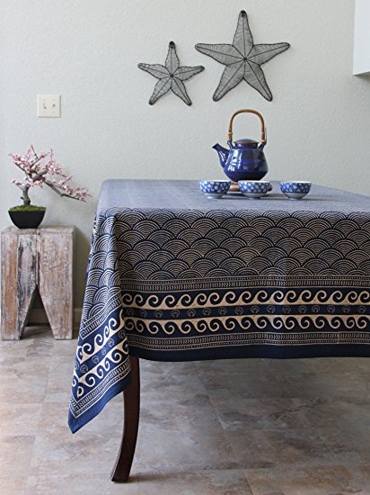 Pacific Blue ~ Rustic Navy Blue Ocean Oriental Asian Tablecloth 70x120