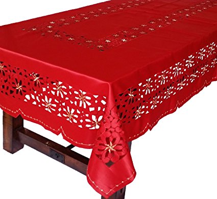 Xia Home Fashions Red Pattern with Holiday Star Embroidered Cutwork Tablecloth, 72-Inch by 144-Inch