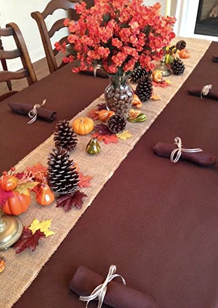 Thanksgiving Tablecloth, Napkins, Burlap Runner, Cornucopia Basket and Fall Decor Set