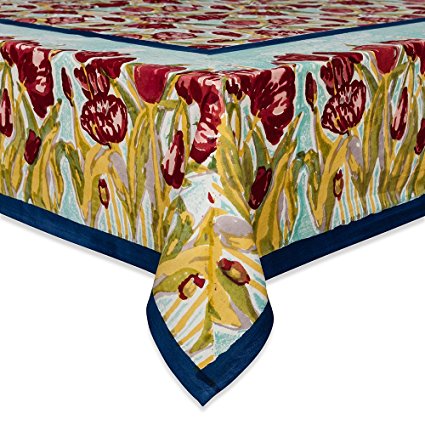 Couleur Nature 59-inches by 86-inches Tulips Tablecloth, Turquoise/Navy