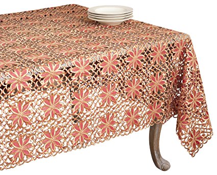 SARO LIFESTYLE QX556.R65120B Broderie Cutwork Oblong Tablecloths, 65 by 140-Inch, Red