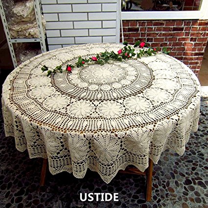 Ustide 120 inch White Round Tablecloth Handmade Crochet White Cotton Lace Tablecloths Elegant Tablecloths Customized Size