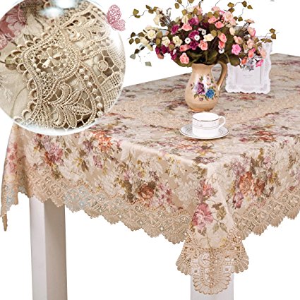 homand'o Beige Tablecloth Vintage Tablecover Oblong 58x86 Inches (150x220cm) Embroidered Lace With Floral Jacquard Printed Fabric