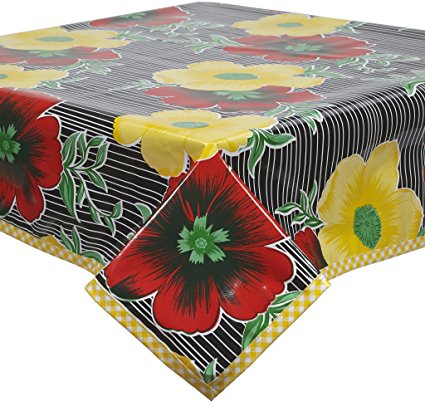 Big Flowers and Stripes Black Oilcloth Tablecloth with Yellow Gingham Trim You Pick the Size