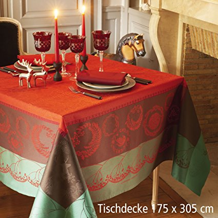 Garnier-Thiebaut, Christmas Forest Red French Holiday Tablecloth, 69 Inches X 120 Inches, 100 Percent Cotton, Green Sweet Treated