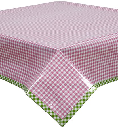 Freckled Sage Pink Gingham Oilcloth Tablecloth with Lime Gingham Trim You Pick The Size