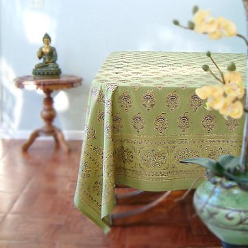 Memories of Shalimar ~ Asian Indian Green Gold Table Cloths 70x120