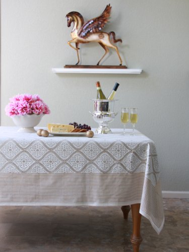Vanilla Glace ~ White Gold Romantic Elegant Luxury Tablecloth 70x120