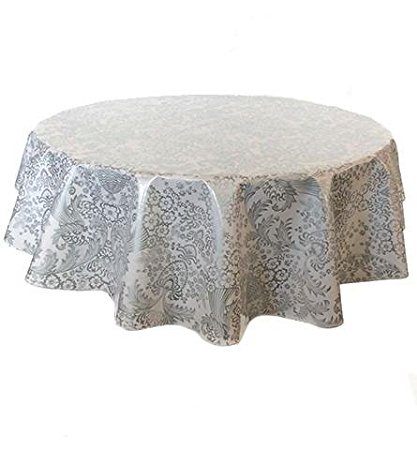 Round Freckled Sage Oilcloth Tablecloth in Toile Silver - You Pick the Size!