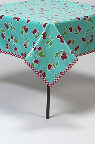 Freckled Sage Cherry Aqua Oilcloth Tablecloth with Red Gingham Trim You Pick the Size