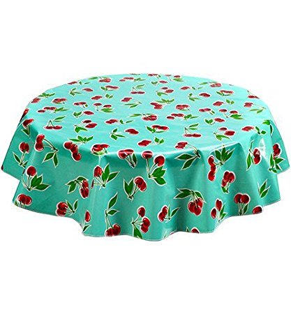 Round Freckled Sage Oilcloth Tablecloth in Cherry Aqua - You Pick the Size!