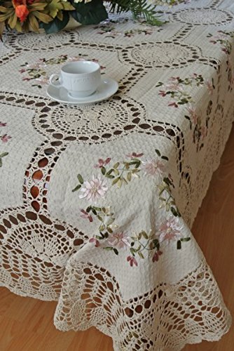 100% Cotton Hand-made Crochet Lace with Ribbon Embroidered Linen Tablecloth:68