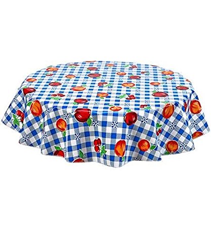 Round Freckled Sage Oilcloth Tablecloth in Fruit and Gingham Blue - You Pick the Size!