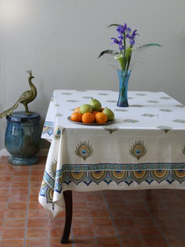 Dance O Peacock ~ Ivory Peacock Feather Print Elegant Tablecloth 70x120