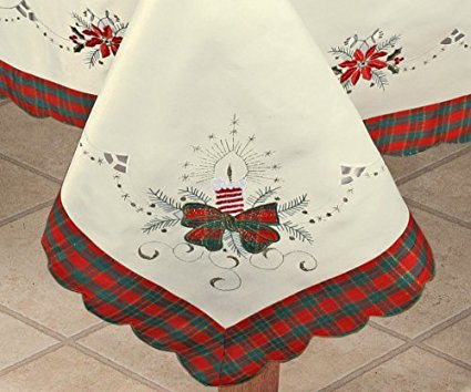 Creative Linens Holiday Christmas Embroidered Poinsettia Candle Tablecloth 70x140 & 12 Napkins Ivory by