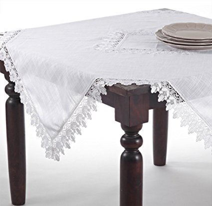 Fennco Styles Venetto Lace Trimmed Elegant Tablecloth, White Color (65