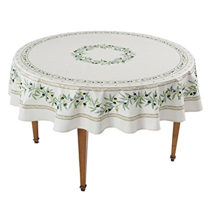 Ramatuelle Ecru Round French Tablecloth, Coated Cotton, 71 in diameter