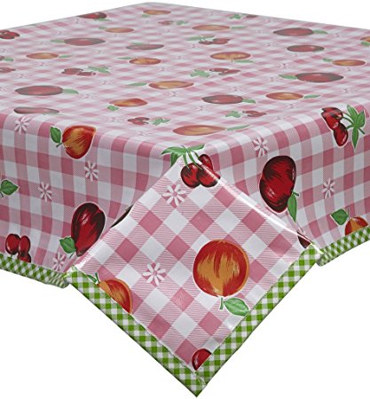 Fruit and Pink Gingham Oilcloth Tablecloth with Lime Gingham Trim You Pick the Size