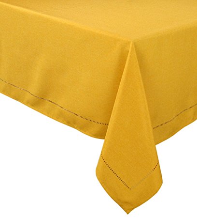 Xia Home Fashions Melrose Easy Care Cutwork Hemstitch 70-Inch by 140-Inch Tablecloth, Gold
