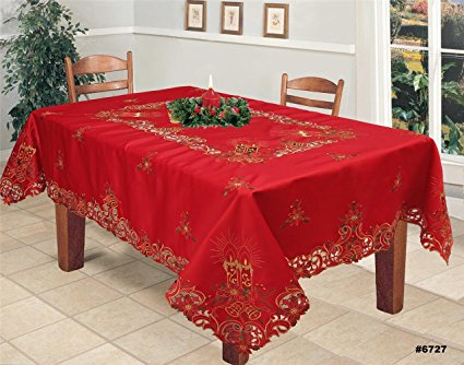 Creative Linens Holiday Christmas Embroidered Poinsettia Candle Bell Tablecloth 70x140