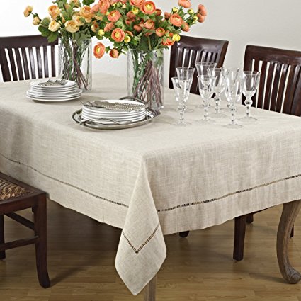 Natural Beige, Classic Tuscany Hemtitch Design Rectangular Tablecloth, 65 Inch x 120 Inch
