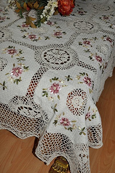 Tasleffa Elegant 100% Cotton Hand-made Crochet with Ribbon Embroidered Linen Tablecloths: Beige (68
