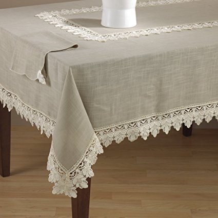 Venetto Lace Trimmed Elegant Tablecloth, Taupe Color, (65