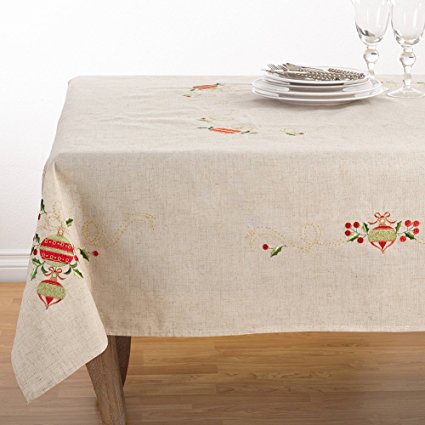 Fennco Styles Embroidered Ornament Design Christmas Holiday Linen Blend Tablecloth (67