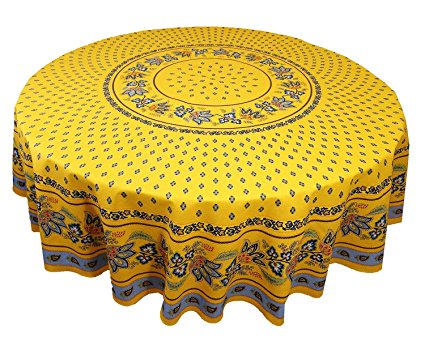 Le Cluny, Lisa Yellow with French Blue,French Provence 100 Percent COATED Cotton Tablecloth, 70