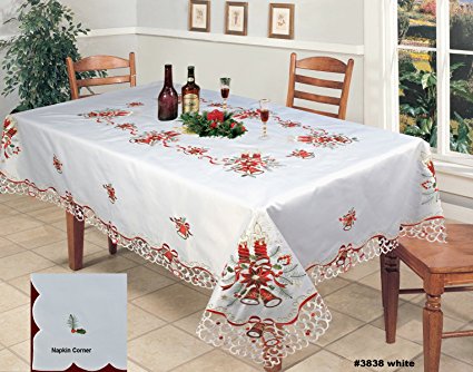 Holiday Christmas Embroidered Poinsettia Candle Bell Tablecloth 70x140