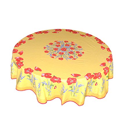 Yellow Red Poppy Tablecloth, 70-in Round by Vero France
