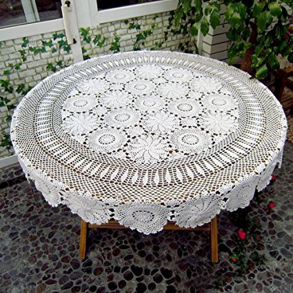 TideTex Rural Style Cotton Weave Table Cover Beige Handmade Crochet Hollow Out Design Lace Tablecloths Doilies Coffee Table Decoration Mats (84-Inch Round, White)