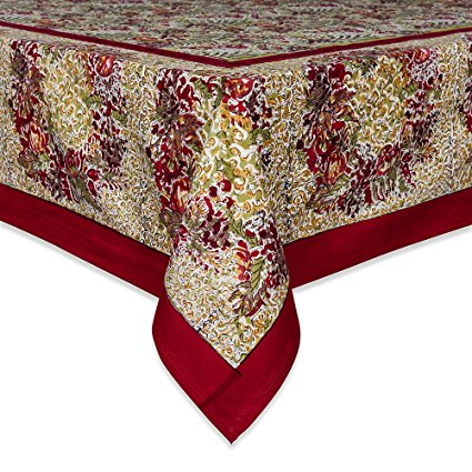 Couleur Nature Winter Garden Wreath Tablecloth, 90-inches by 90-inches, Red/Green
