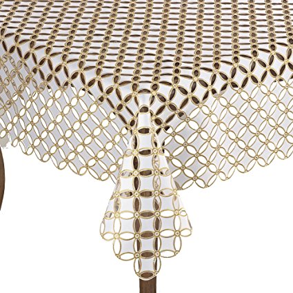 Gold and White Cutwork and Embroidered Geometric Design Holiday Tablecloth, 84