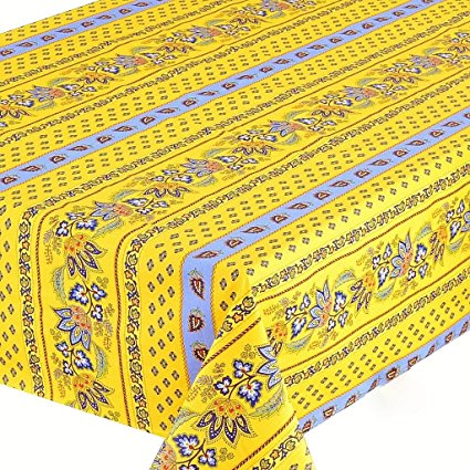 Le Cluny, Lisa Yellow and French Blue, French Provence 100 Percent COATED Cotton Tablecloth, 60 Inches x 120 Inches