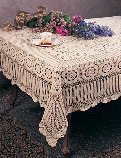 Handmade Crochet Lace Tablecloth. 100% Cotton Crochet. White, 72 Inch X144 Inch Oblong. One piece .