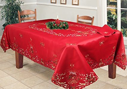 Holiday Christmas Embroidered Poinsettia Candle Tablecloth 70×140″ & 12 Napkins RED Review