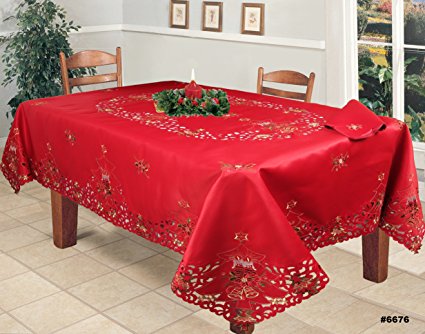 Holiday Christmas Embroidered Poinsettia Candle Tablecloth 70x140