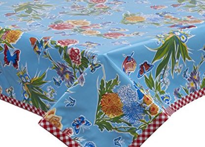 Freckled Sage Oilcloth Tablecloth Edgars Butterfly Light Blue with Red Gingham Trim You Pick the Size Review