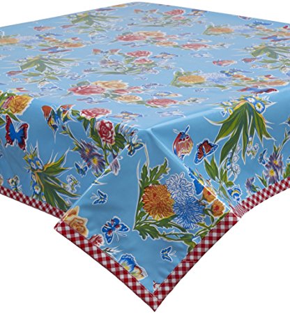 Freckled Sage Oilcloth Tablecloth Edgars Butterfly Light Blue with Red Gingham Trim You Pick the Size