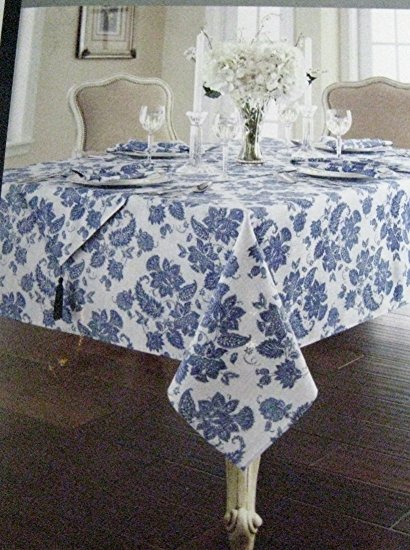 Waterford Linens Fabric Tablecloth Blue Floral Pattern on Cream Regan Royal Blue 60 Inches by 126 Inches
