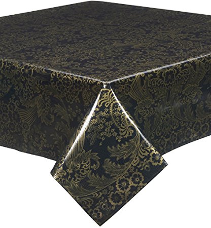Freckled Sage Gold on Black Toile Oilcloth Tablecloth You Pick the Size 60 x 102