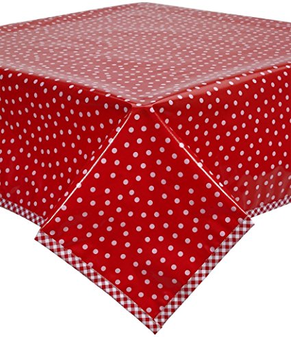 Freckled Sage White Dot on Red Oilcloth Tablecloth with Red Gingham Trim You Pick the Size