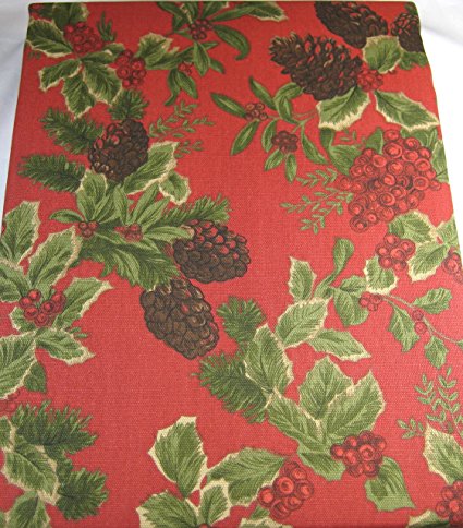 Ralph Lauren Holiday Birchmont Tablecloth Holly Berries and Pine Cones 100% Cotton 60 x 120 Red